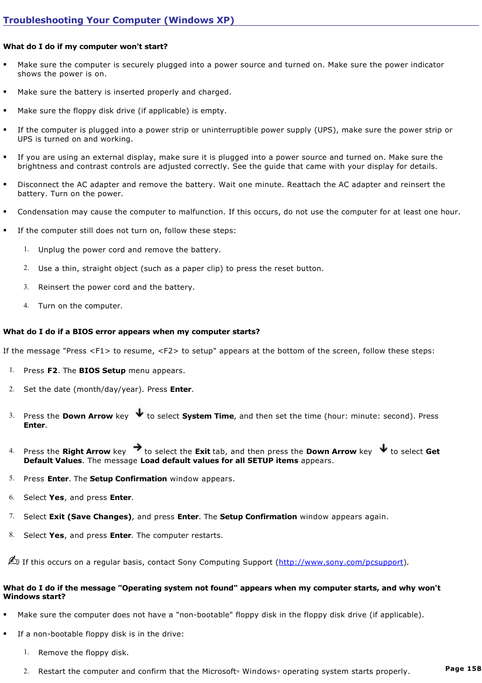 Troubleshooting your computer (windows xp) | Sony PCG-V505AC User Manual | Page 158 / 164