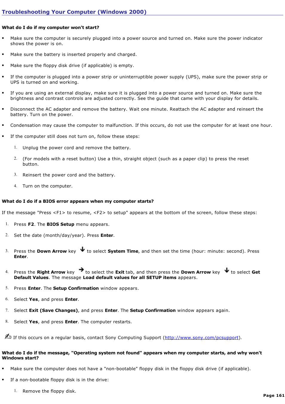 Troubleshooting your computer (windows 2000) | Sony PCG-V505AC User Manual | Page 161 / 164