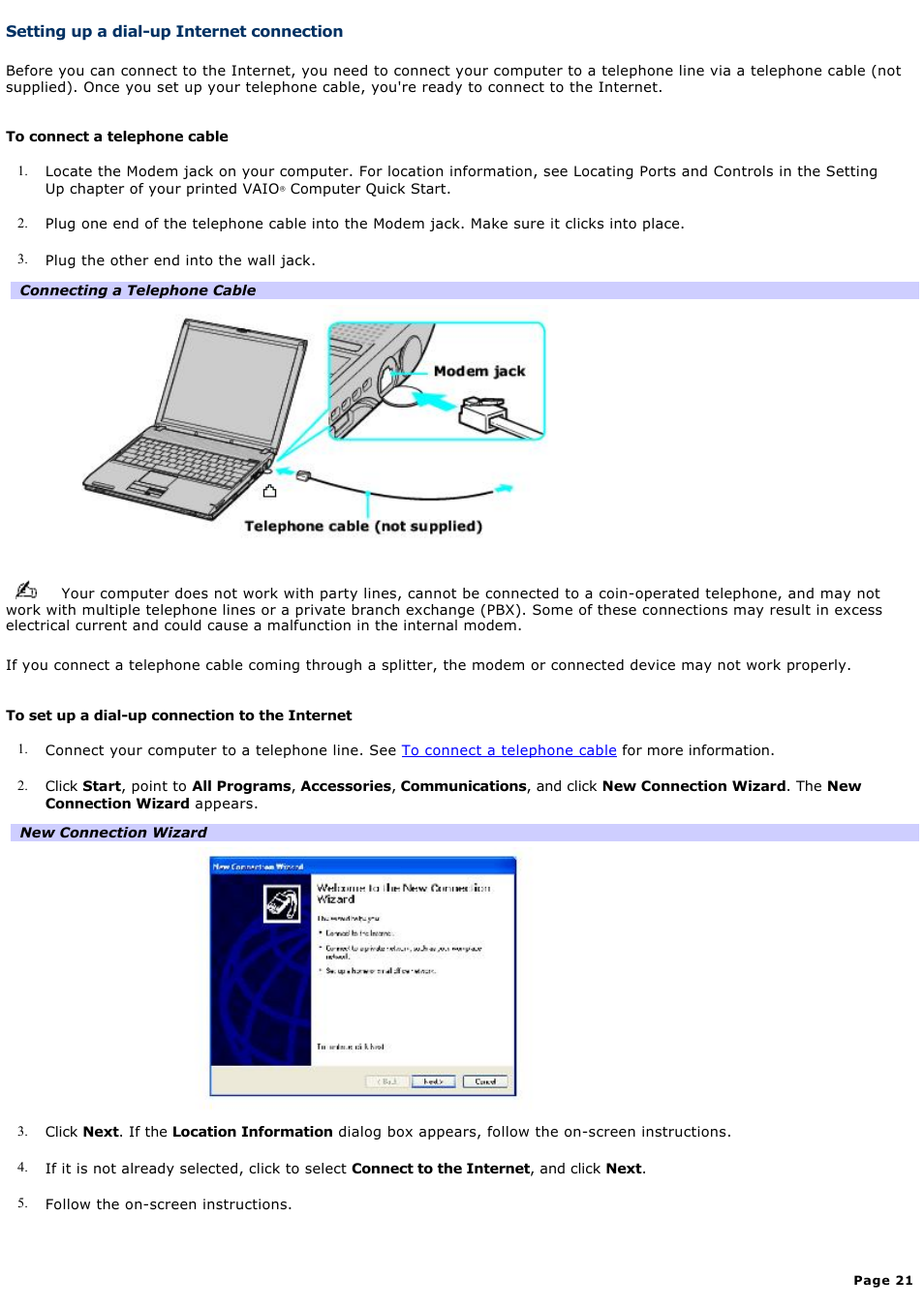 Setting up a dial-up internet connection | Sony PCG-V505AC User Manual | Page 21 / 164