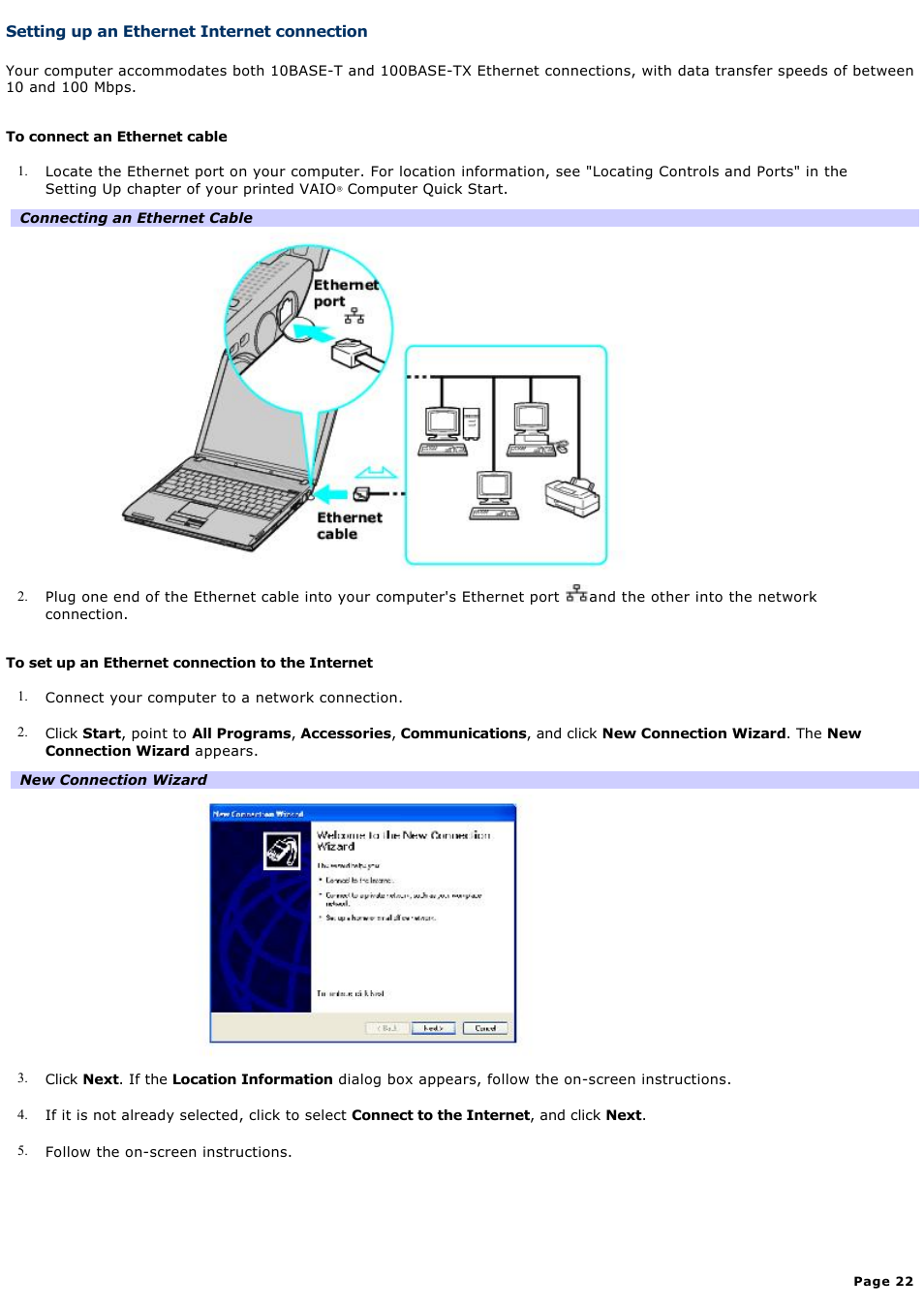 Setting up an ethernet internet connection | Sony PCG-V505AC User Manual | Page 22 / 164