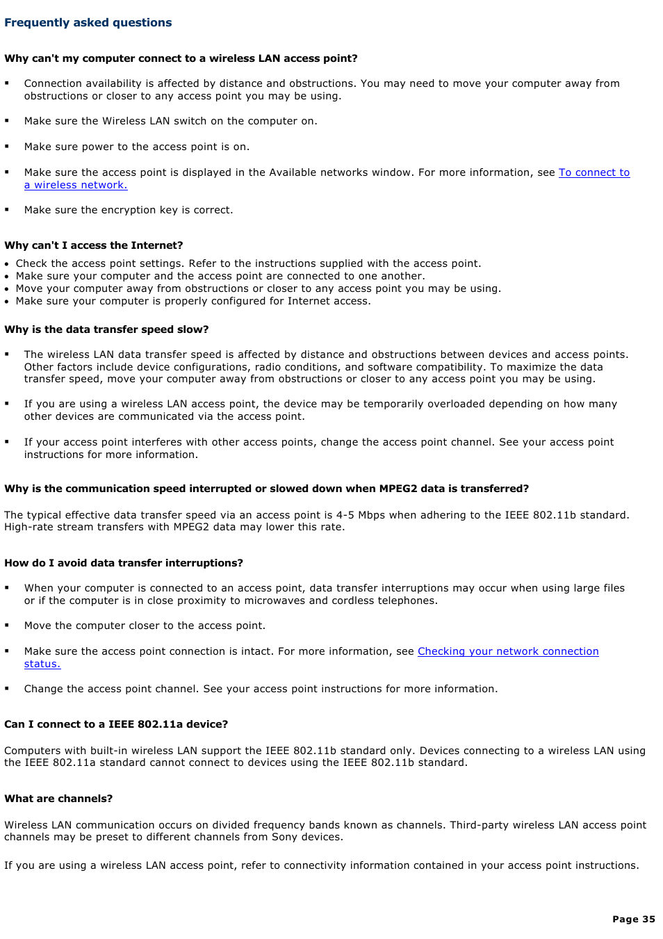 Frequently asked questions | Sony PCG-V505AC User Manual | Page 35 / 164