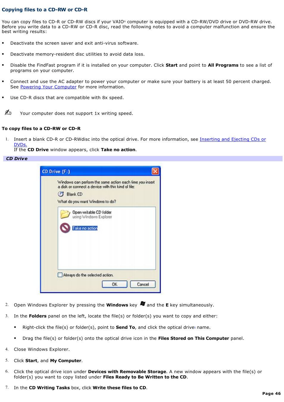 Copying files to a cd-rw or cd-r | Sony PCG-V505AC User Manual | Page 46 / 164