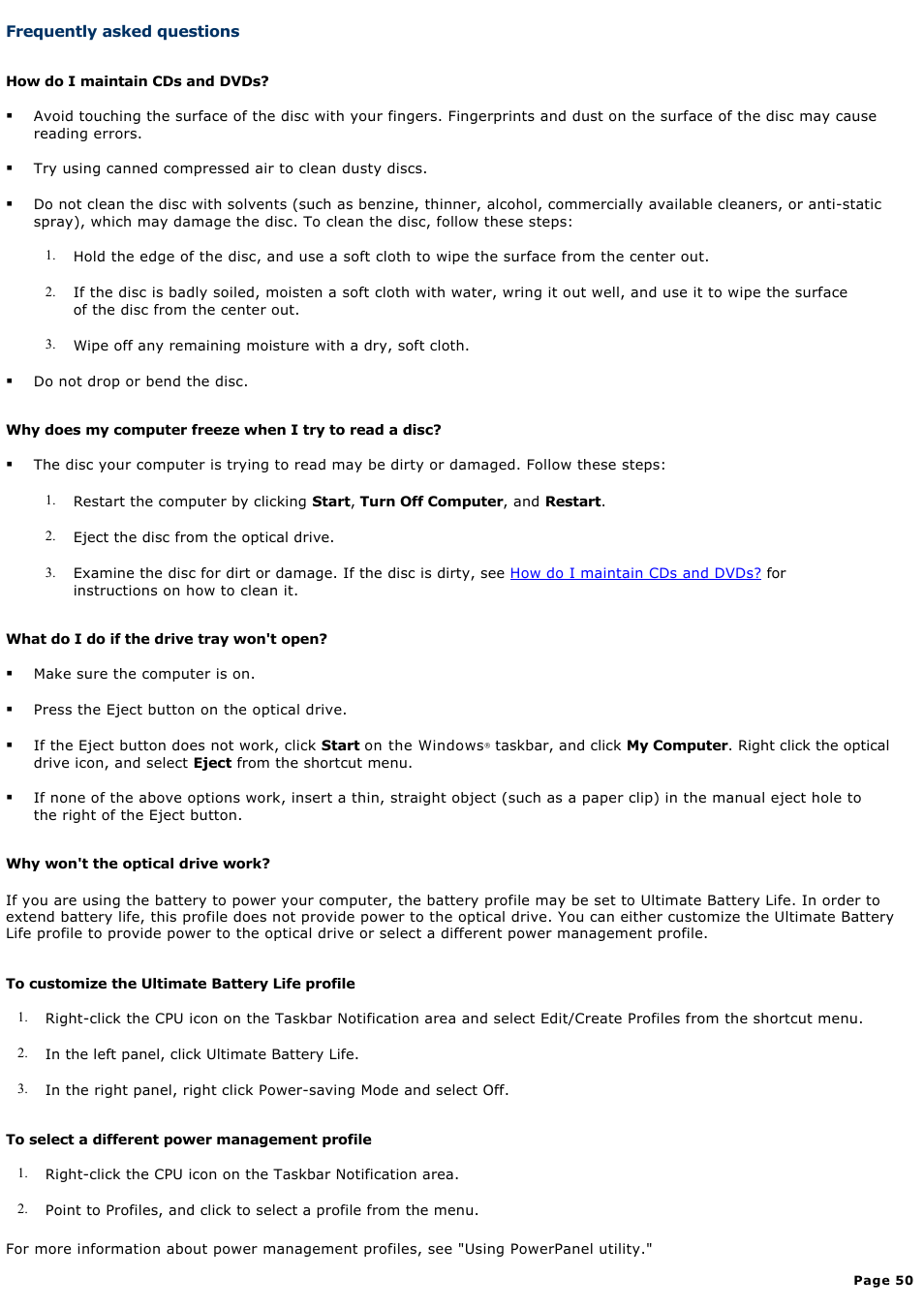 Frequently asked questions | Sony PCG-V505AC User Manual | Page 50 / 164