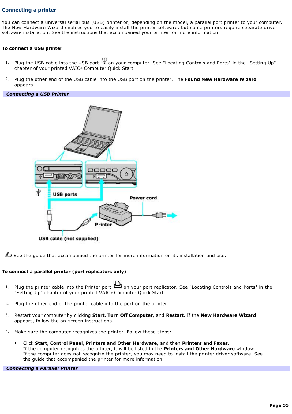 Connecting a printer | Sony PCG-V505AC User Manual | Page 55 / 164