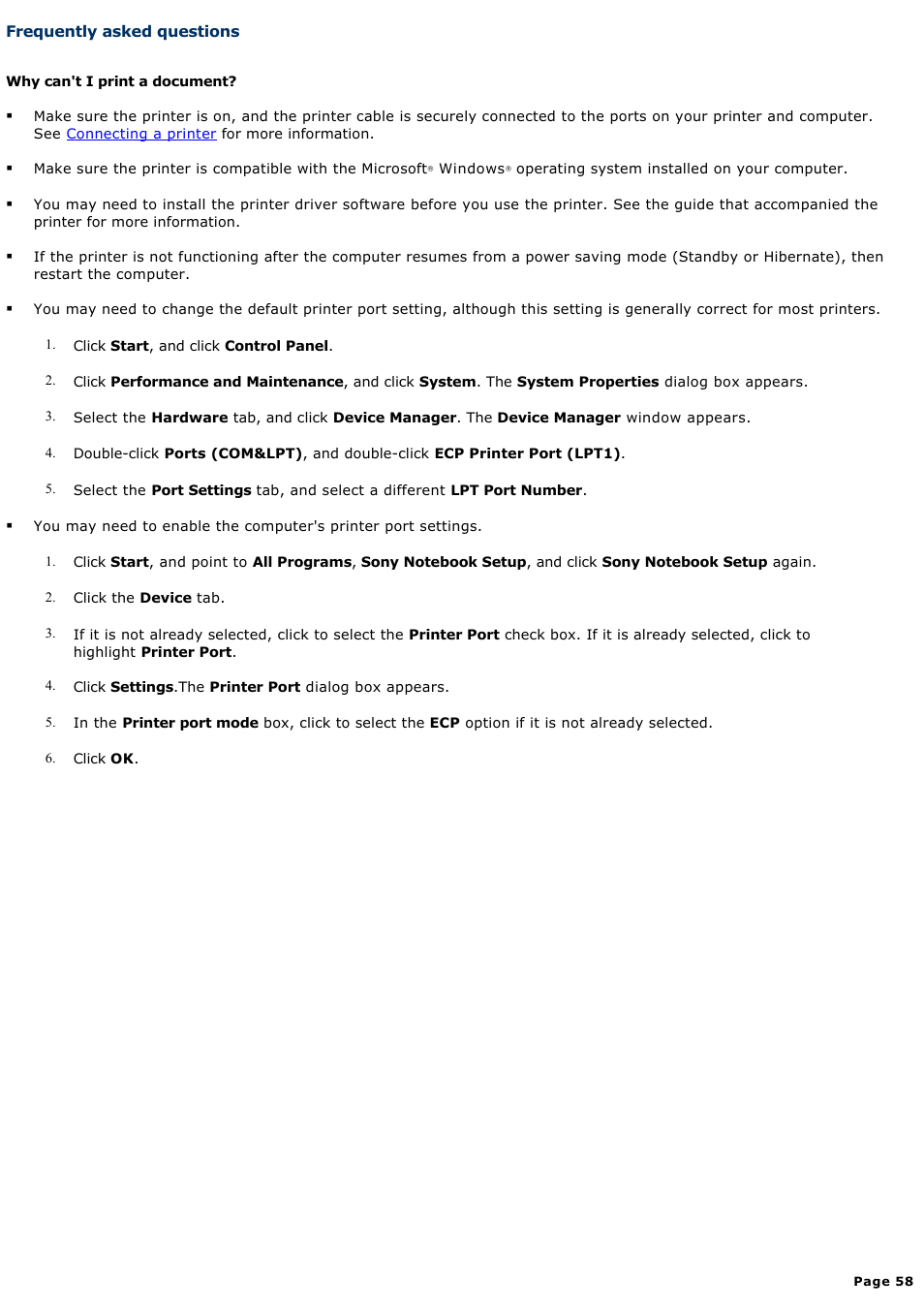 Frequently asked questions | Sony PCG-V505AC User Manual | Page 58 / 164