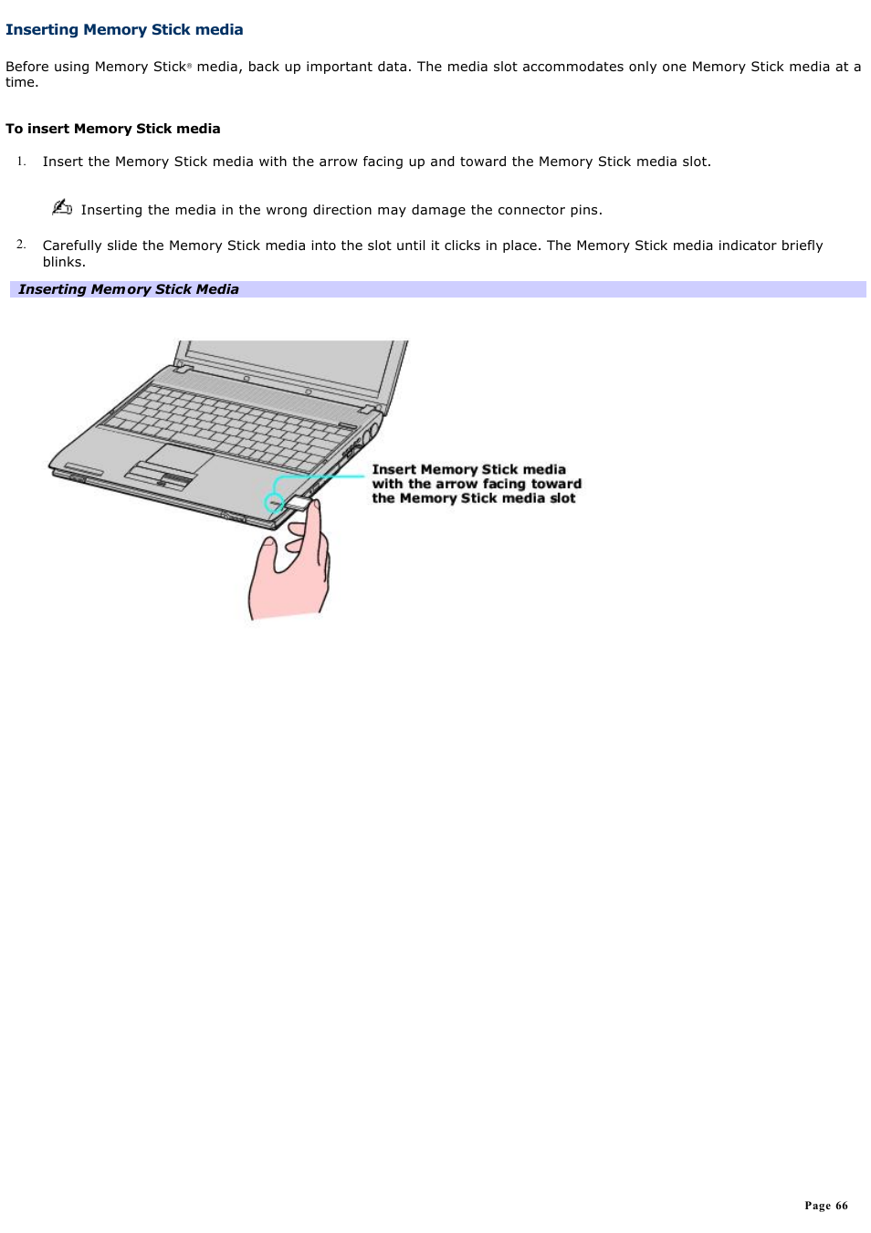 Inserting memory stick media | Sony PCG-V505AC User Manual | Page 66 / 164