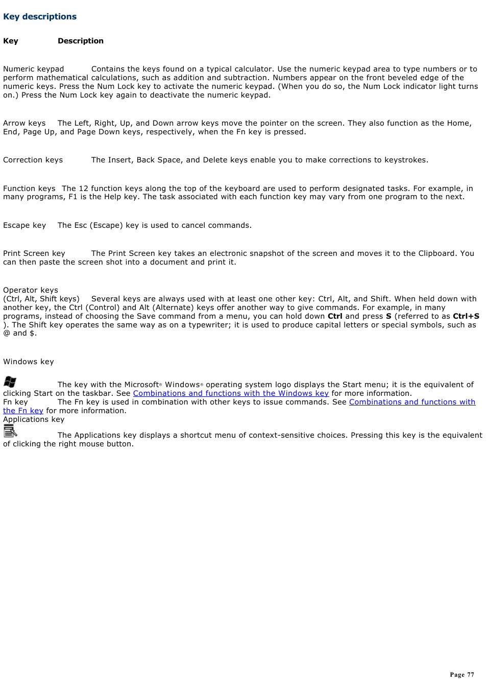 Key descriptions | Sony PCG-V505AC User Manual | Page 77 / 164