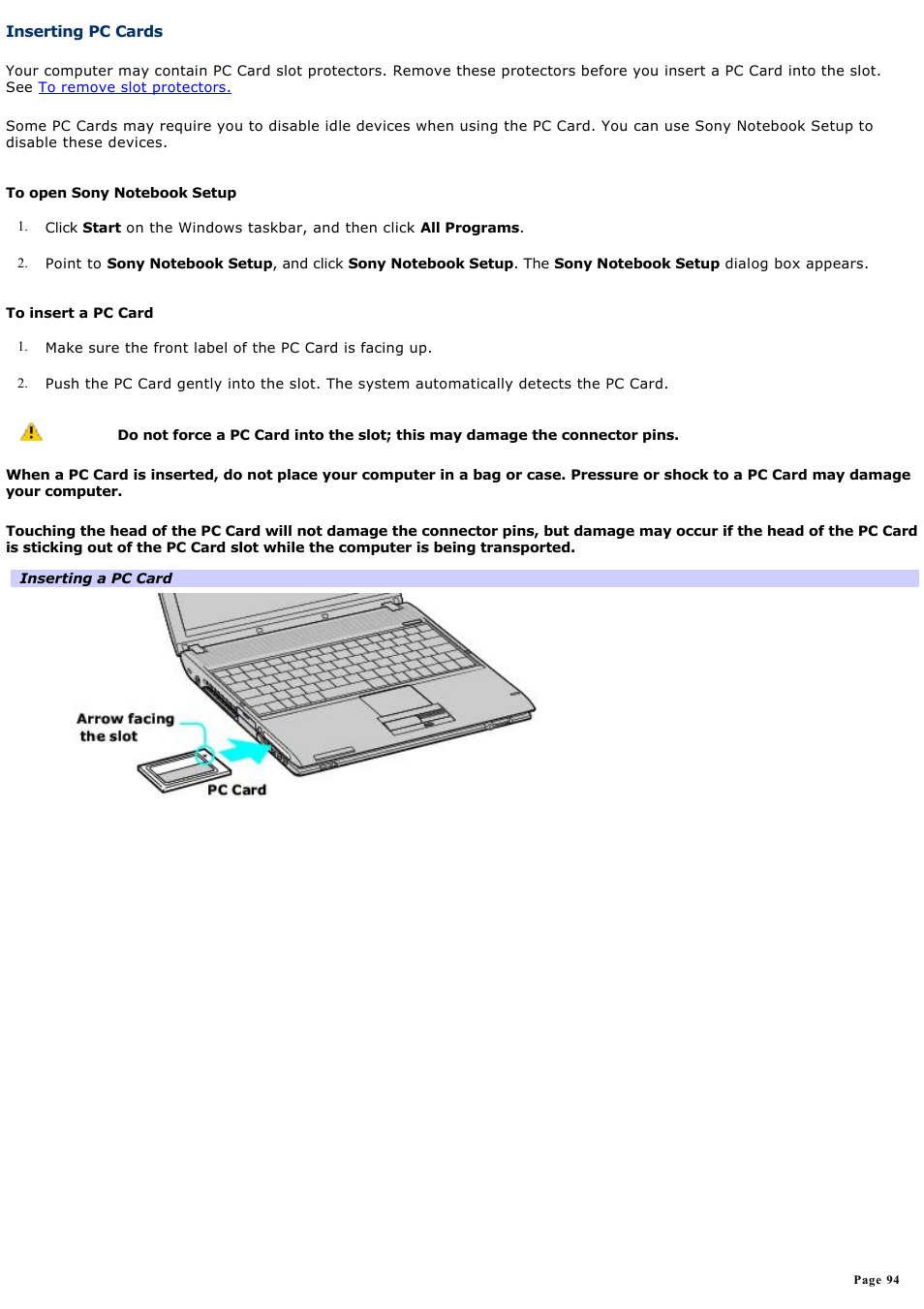 Inserting pc cards | Sony PCG-V505AC User Manual | Page 94 / 164