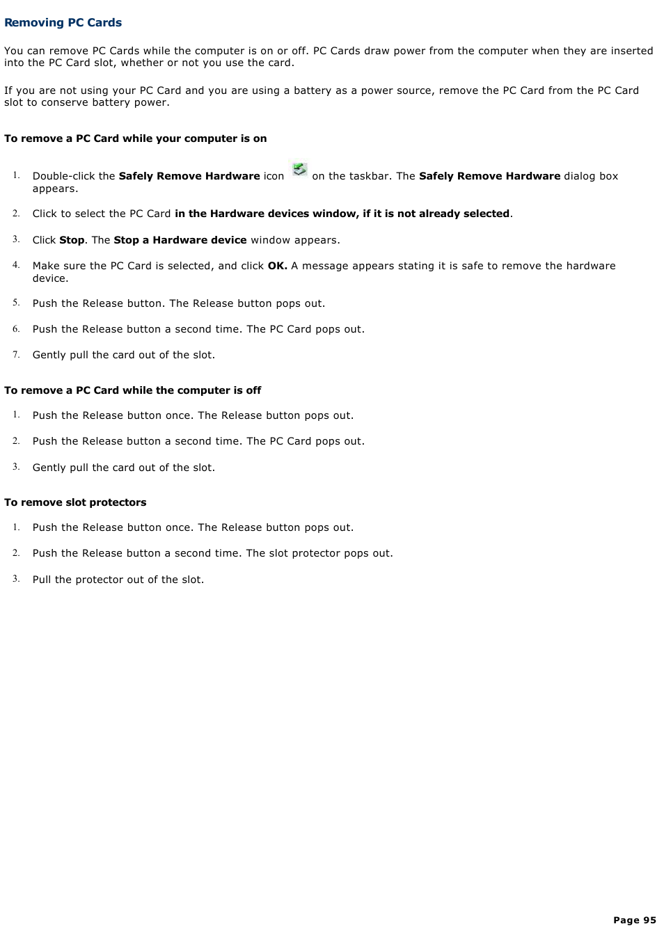 Removing pc cards | Sony PCG-V505AC User Manual | Page 95 / 164