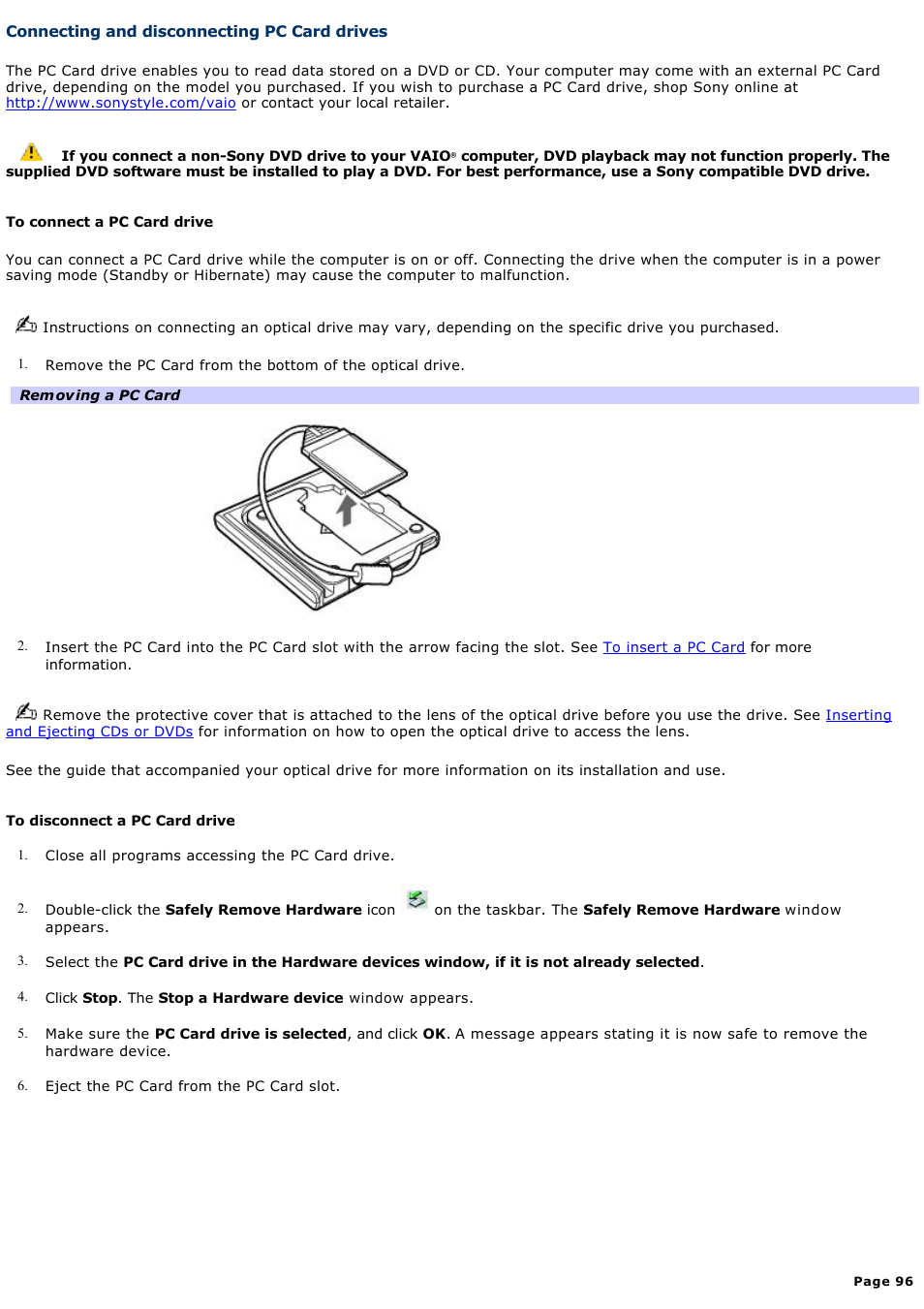 Connecting and disconnecting pc card drives | Sony PCG-V505AC User Manual | Page 96 / 164