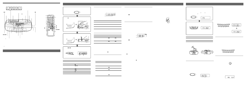 Playing a cd, Listening to the radio, Using the display | Locating a specific track, Repeat play, Shuffle play, Program play, Presetting radio stations, Playing preset radio stations | Sony CFD-S36 User Manual | Page 2 / 2