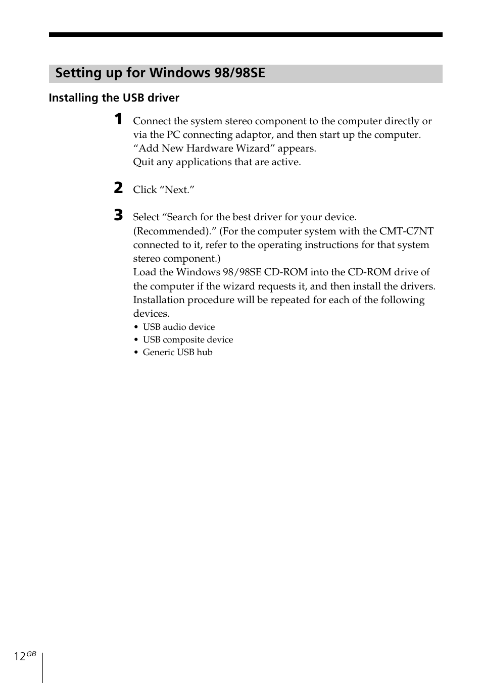 Setting up for windows 98/98se | Sony MDS-PC3 User Manual | Page 12 / 254