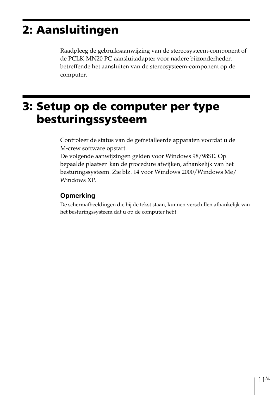 Aansluitingen, Setup op de computer per type besturingssysteem | Sony MDS-PC3 User Manual | Page 123 / 254