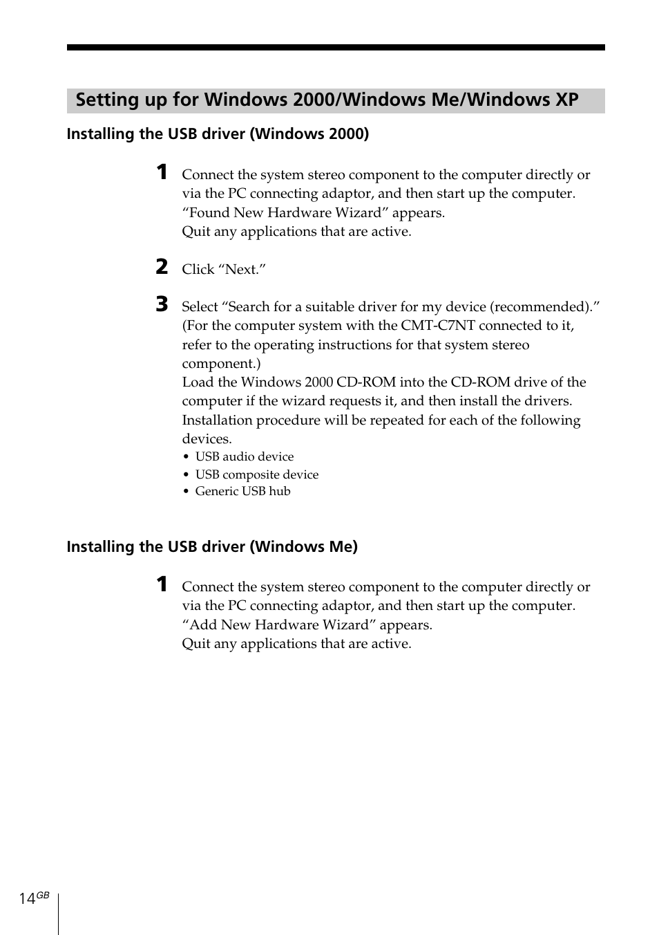 Setting up for windows 2000/windows me/windows xp | Sony MDS-PC3 User Manual | Page 14 / 254