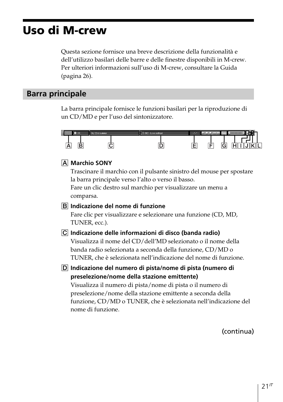 Uso di m-crew, Barra principale | Sony MDS-PC3 User Manual | Page 189 / 254