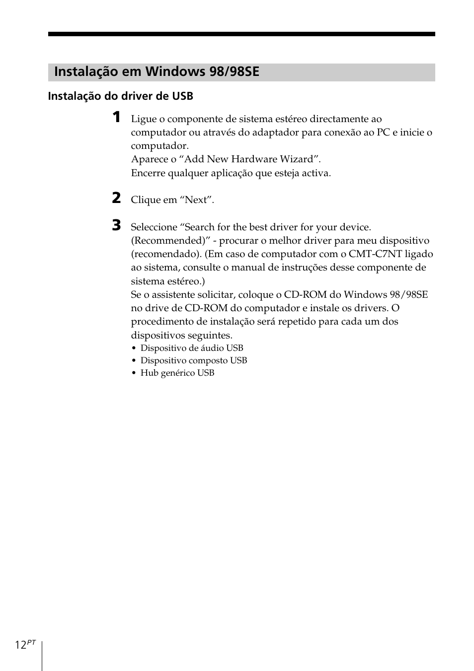 Instalação em windows 98/98se | Sony MDS-PC3 User Manual | Page 208 / 254