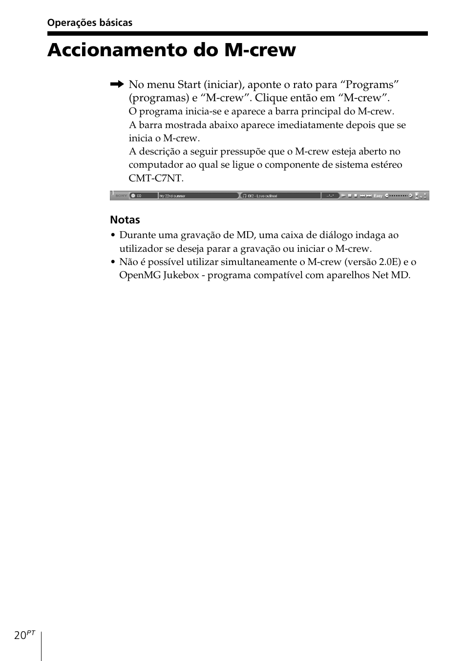 Operações básicas, Accionamento do m-crew | Sony MDS-PC3 User Manual | Page 216 / 254