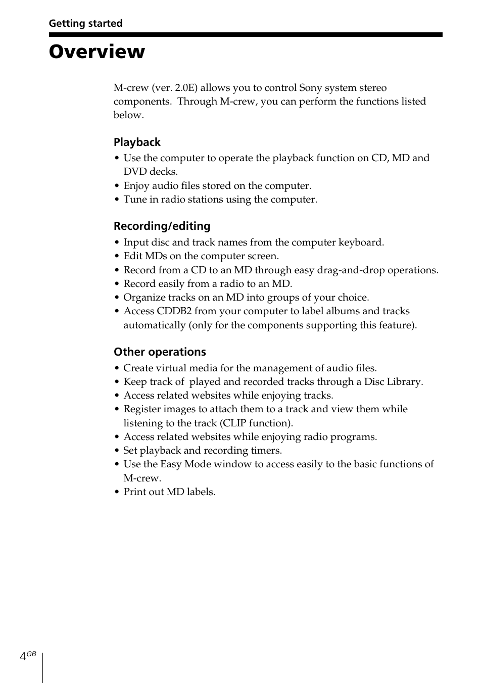 Getting started, Overview | Sony MDS-PC3 User Manual | Page 4 / 254