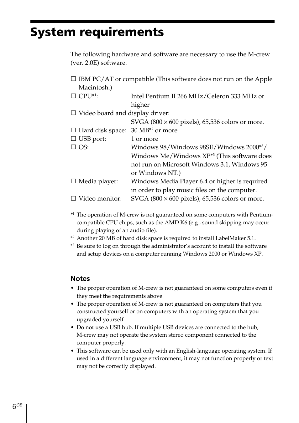 System requirements | Sony MDS-PC3 User Manual | Page 6 / 254