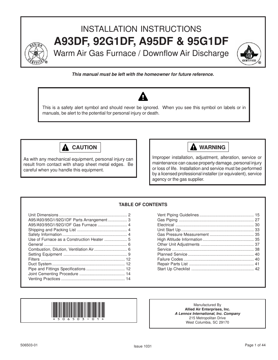 Allied Air Enterprises 92G1DF User Manual | 44 pages