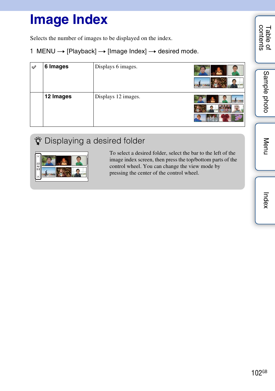 Image index, Displaying a desired folder | Sony NEX-F3 User Manual | Page 102 / 206