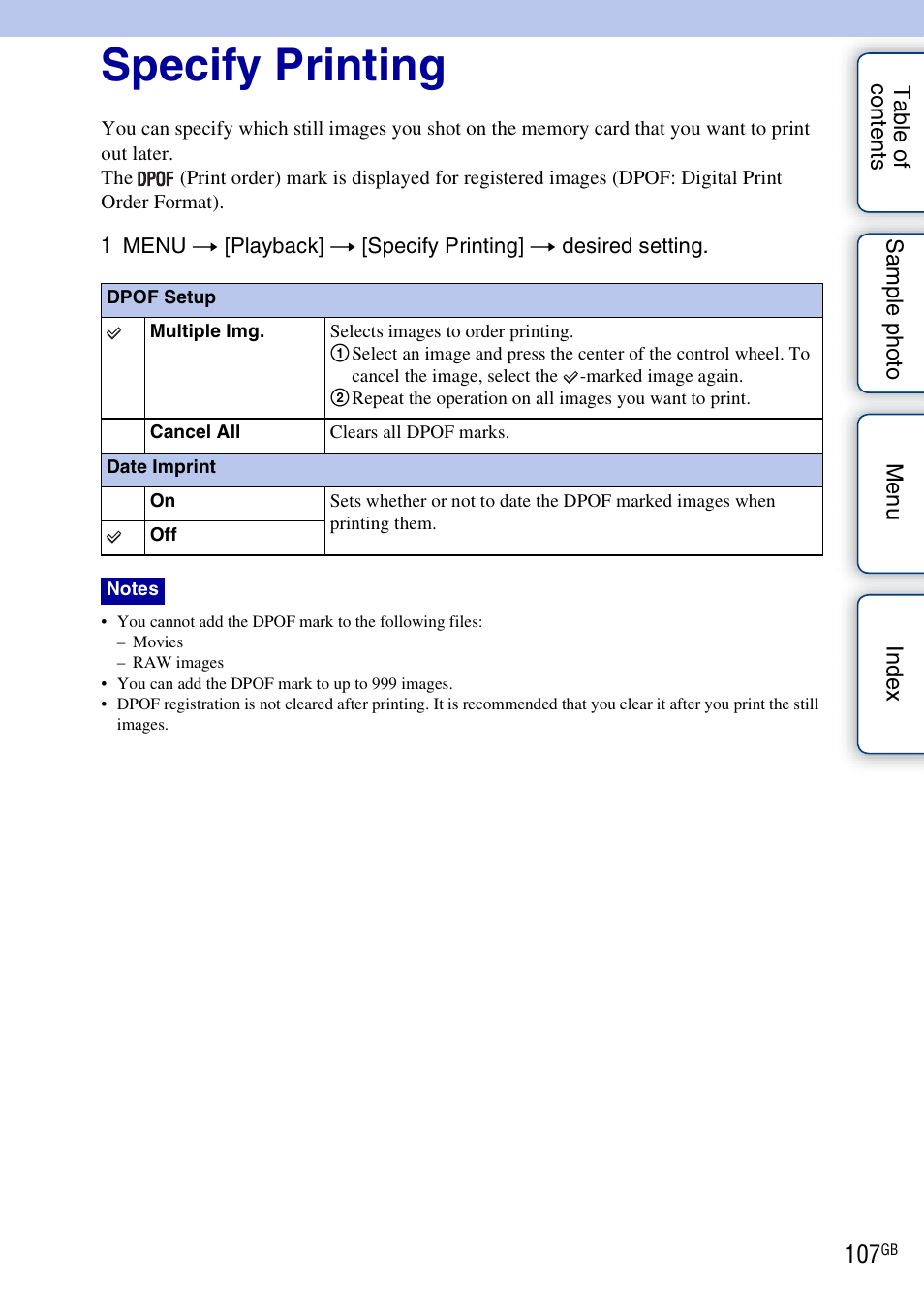 Specify printing | Sony NEX-F3 User Manual | Page 107 / 206