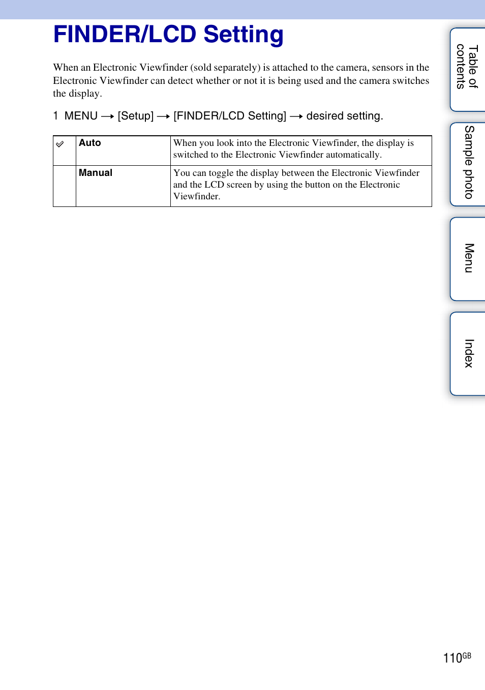 Finder/lcd setting | Sony NEX-F3 User Manual | Page 110 / 206