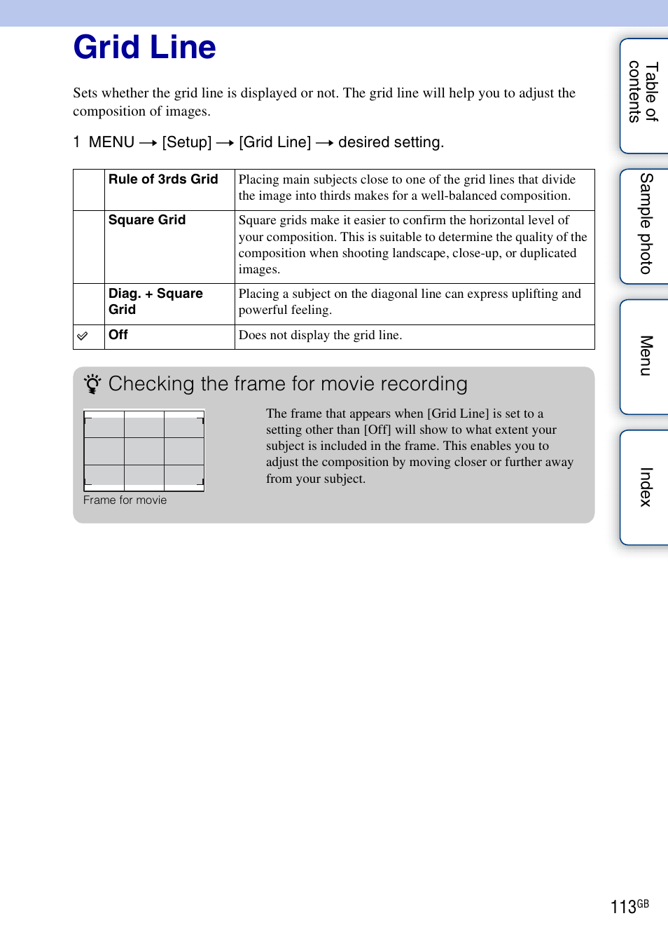 Grid line, Checking the frame for movie recording | Sony NEX-F3 User Manual | Page 113 / 206