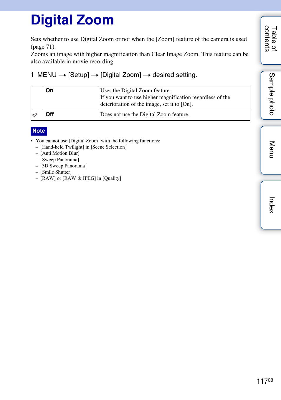 Digital zoom, E 117) | Sony NEX-F3 User Manual | Page 117 / 206