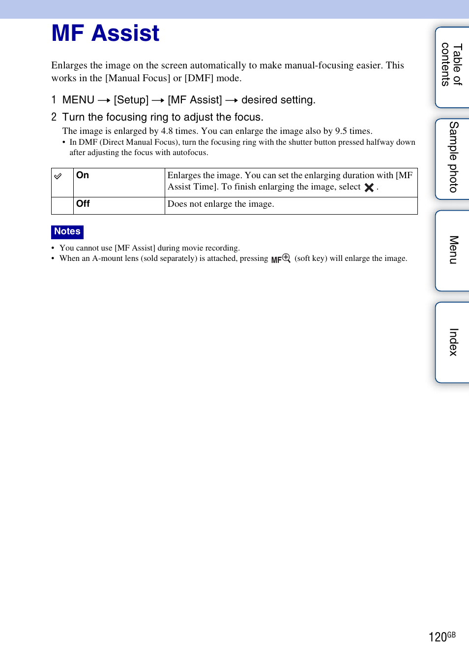 Mf assist | Sony NEX-F3 User Manual | Page 120 / 206