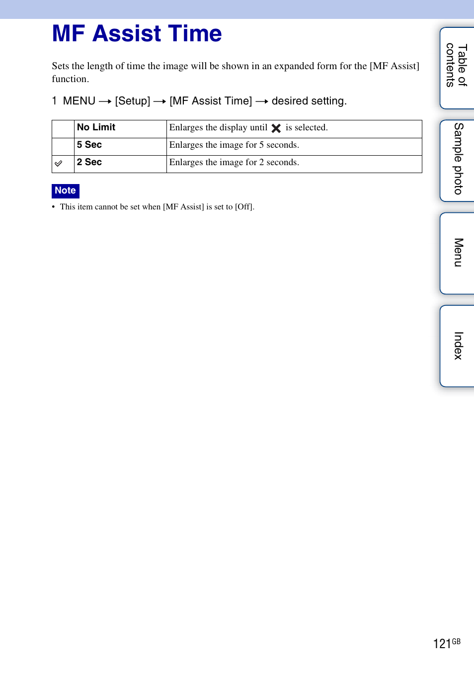 Mf assist time | Sony NEX-F3 User Manual | Page 121 / 206