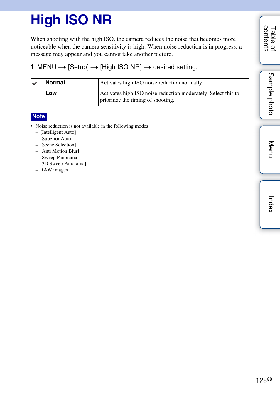 High iso nr | Sony NEX-F3 User Manual | Page 128 / 206