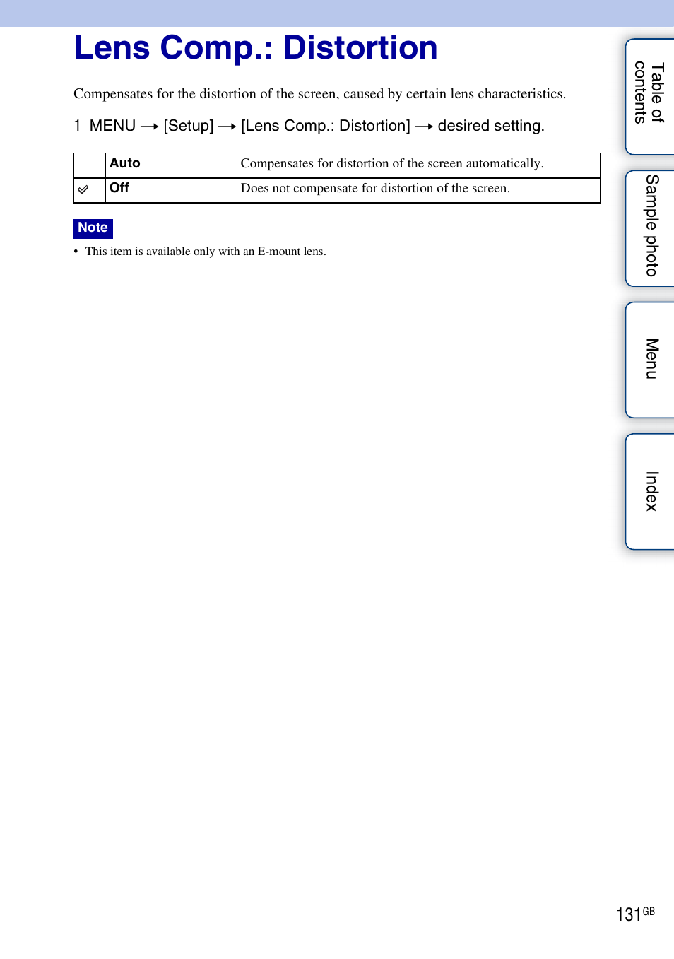Lens comp.: distortion | Sony NEX-F3 User Manual | Page 131 / 206