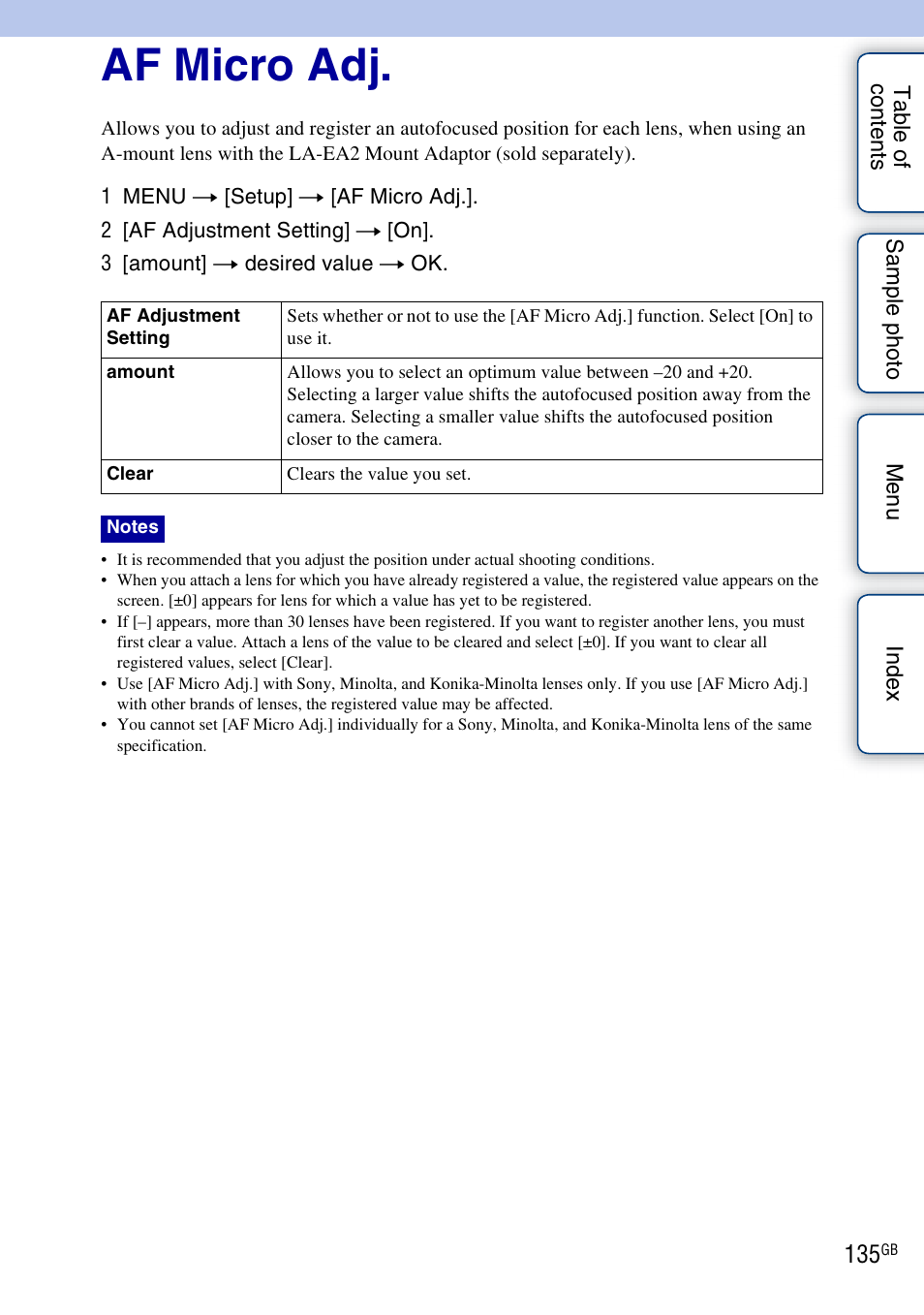 Af micro adj | Sony NEX-F3 User Manual | Page 135 / 206