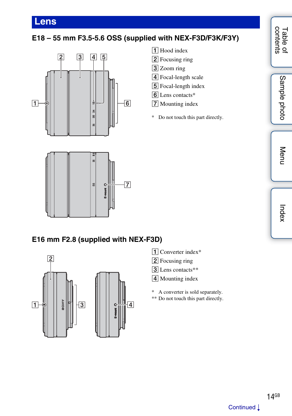 Lens | Sony NEX-F3 User Manual | Page 14 / 206