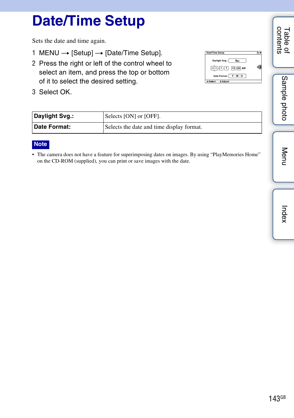 Date/time setup | Sony NEX-F3 User Manual | Page 143 / 206
