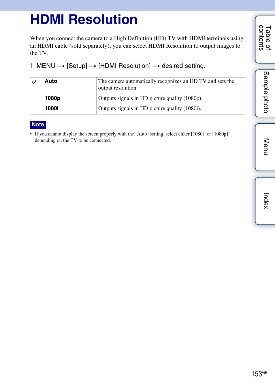 Hdmi resolution | Sony NEX-F3 User Manual | Page 153 / 206