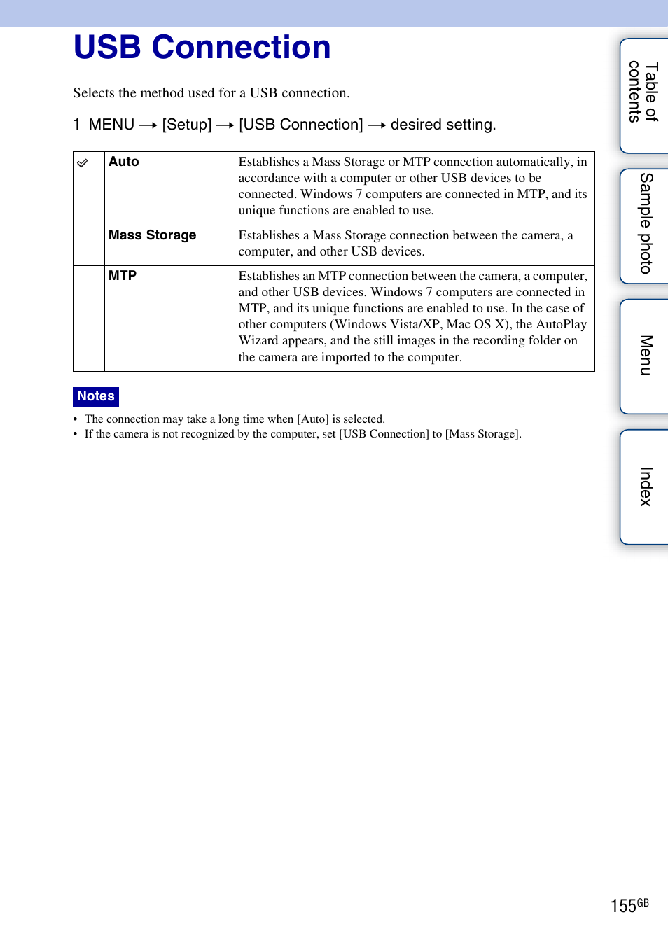 Usb connection | Sony NEX-F3 User Manual | Page 155 / 206