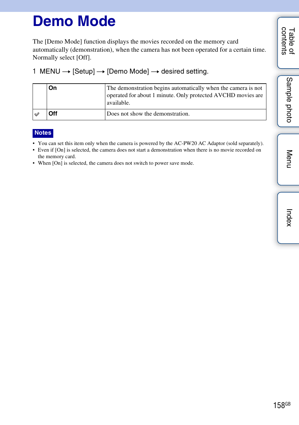 Demo mode | Sony NEX-F3 User Manual | Page 158 / 206