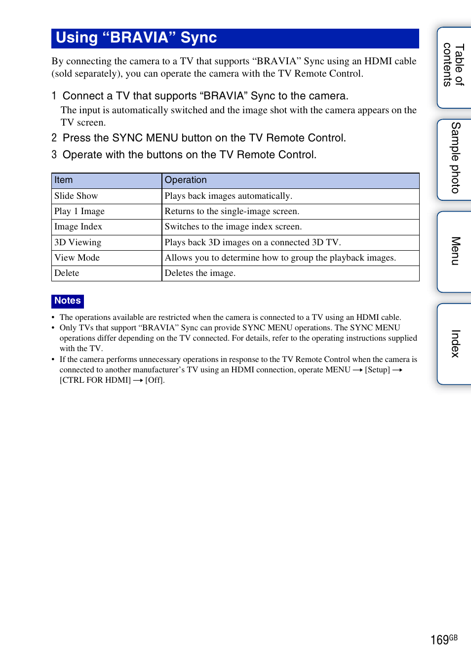 Using “bravia” sync | Sony NEX-F3 User Manual | Page 169 / 206