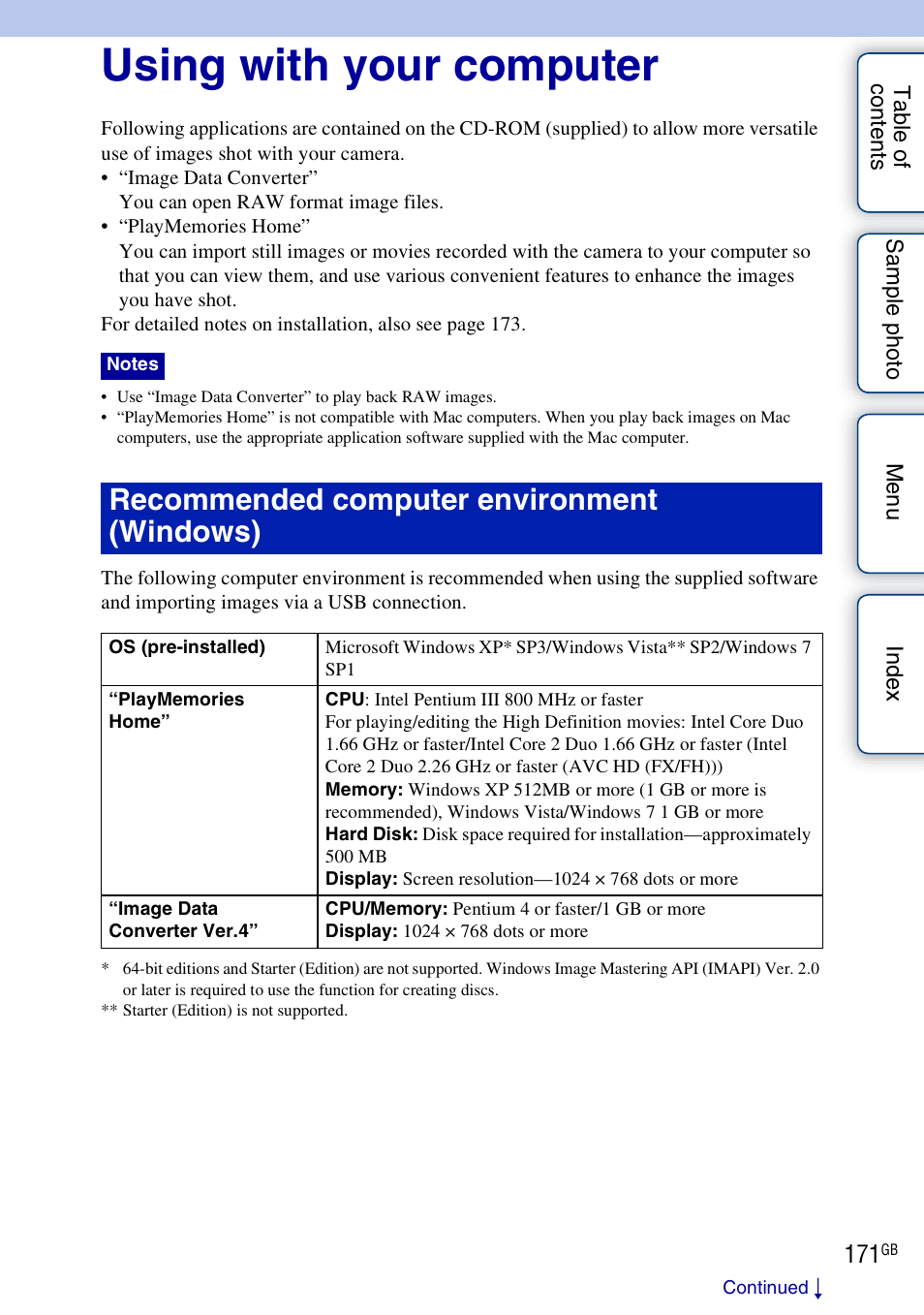 Using with your computer, Recommended computer environment (windows) | Sony NEX-F3 User Manual | Page 171 / 206
