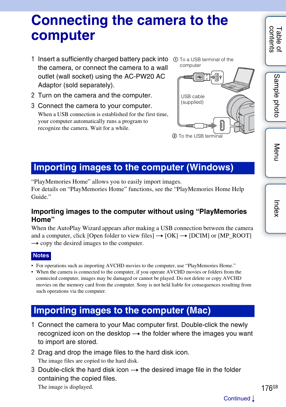 Connecting the camera to the computer, Importing images to the computer (windows), Importing images to the computer (mac) | Sony NEX-F3 User Manual | Page 176 / 206