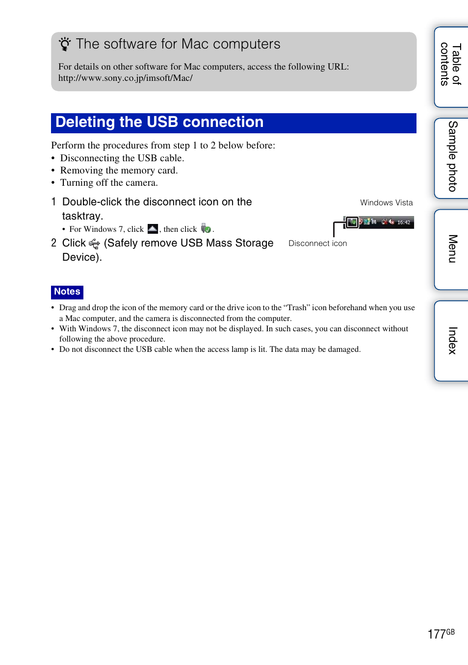 Deleting the usb connection, The software for mac computers | Sony NEX-F3 User Manual | Page 177 / 206