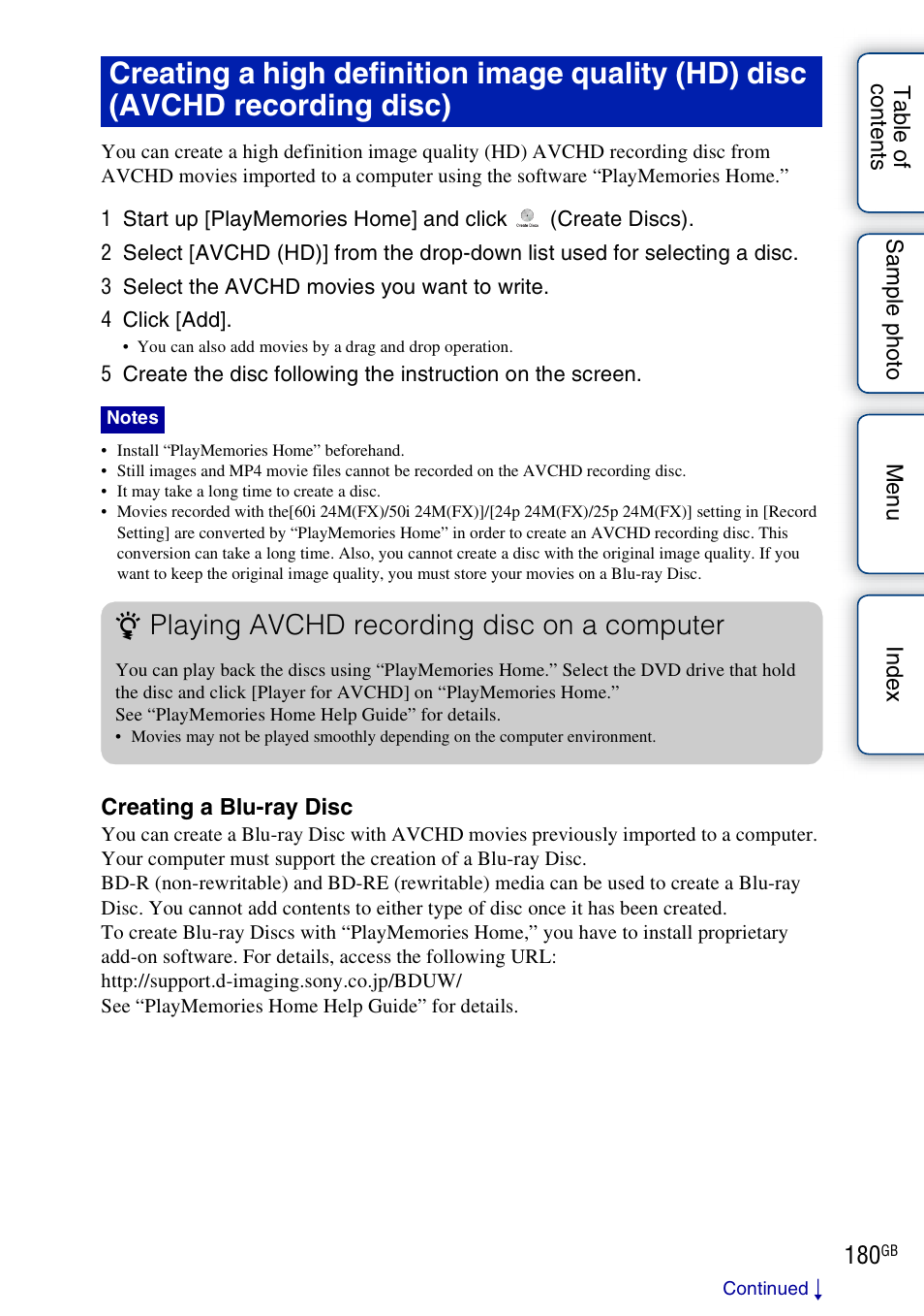 Playing avchd recording disc on a computer | Sony NEX-F3 User Manual | Page 180 / 206