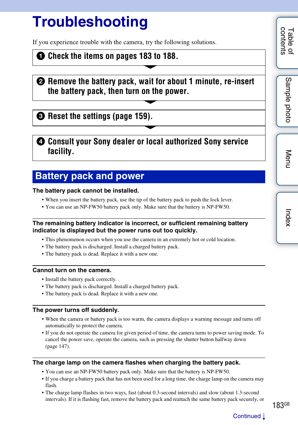 Troubleshooting, Battery pack and power | Sony NEX-F3 User Manual | Page 183 / 206
