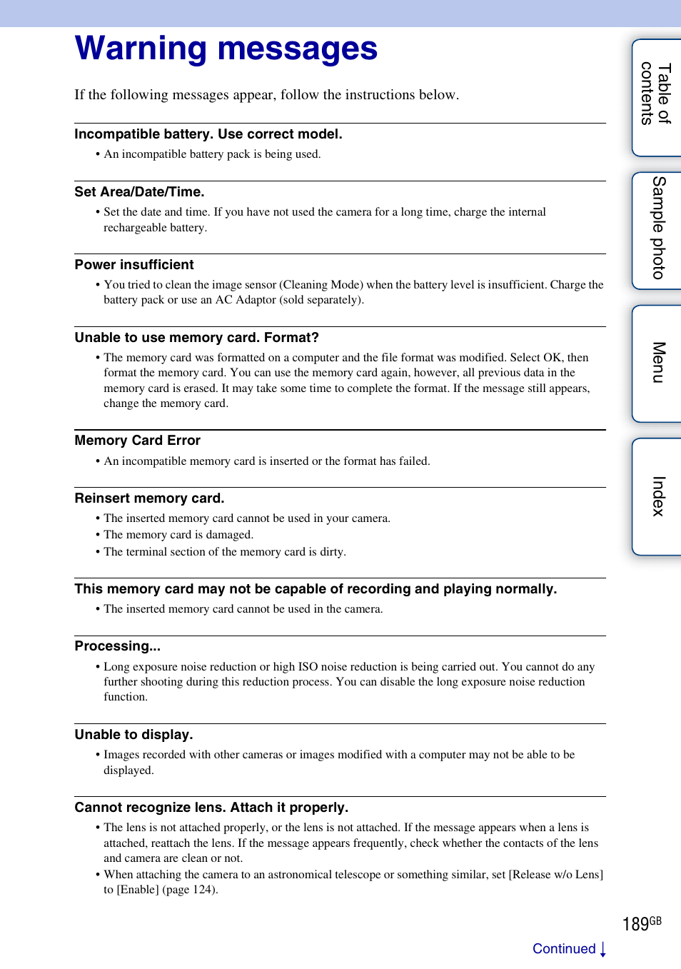 Warning messages | Sony NEX-F3 User Manual | Page 189 / 206