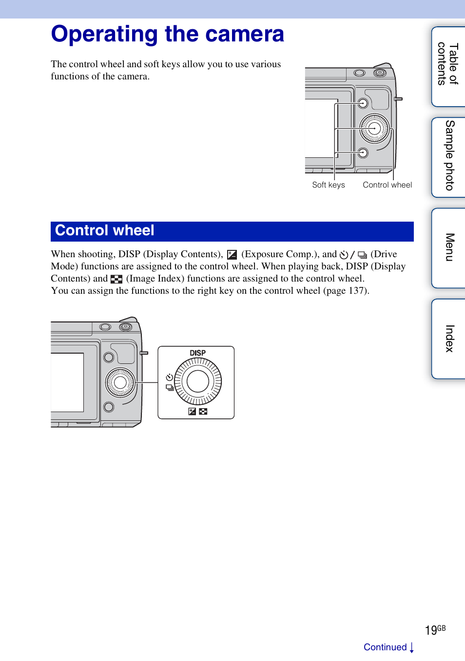 Operating the camera, Basic operations, Control wheel | Sony NEX-F3 User Manual | Page 19 / 206