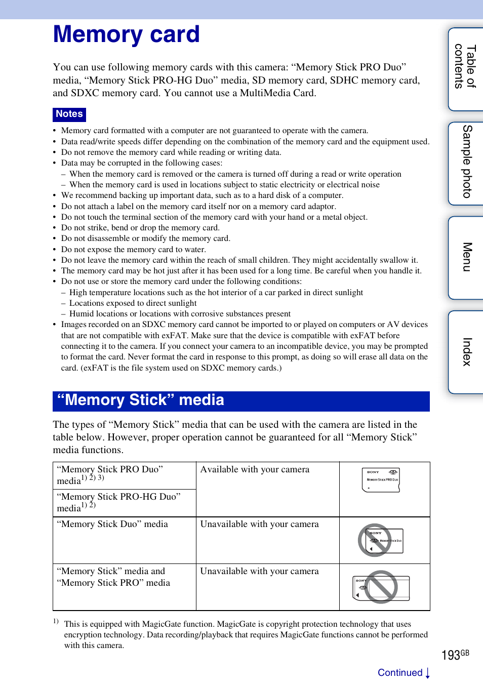 Memory card | Sony NEX-F3 User Manual | Page 193 / 206