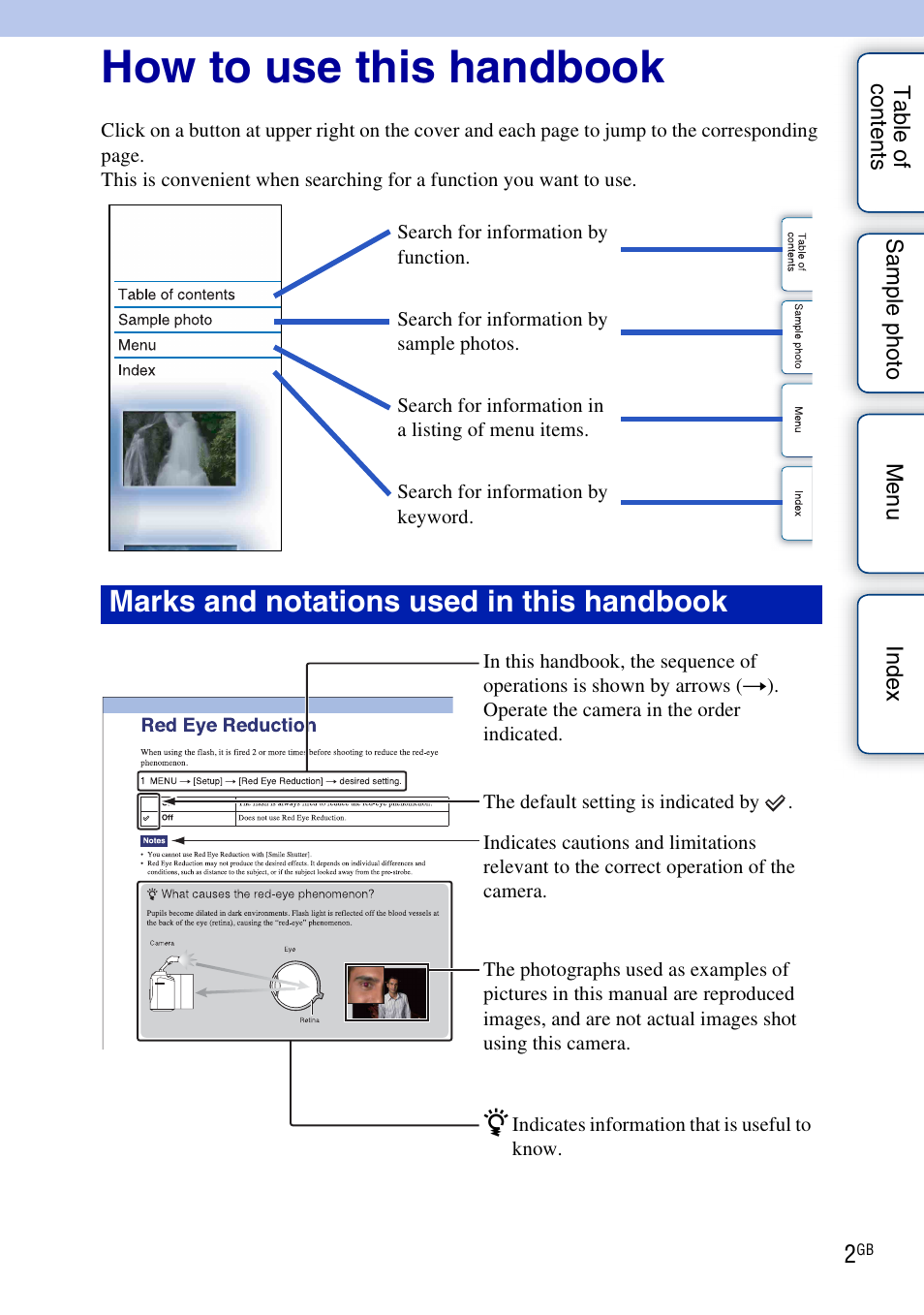 How to use this handbook, Marks and notations used in this handbook | Sony NEX-F3 User Manual | Page 2 / 206