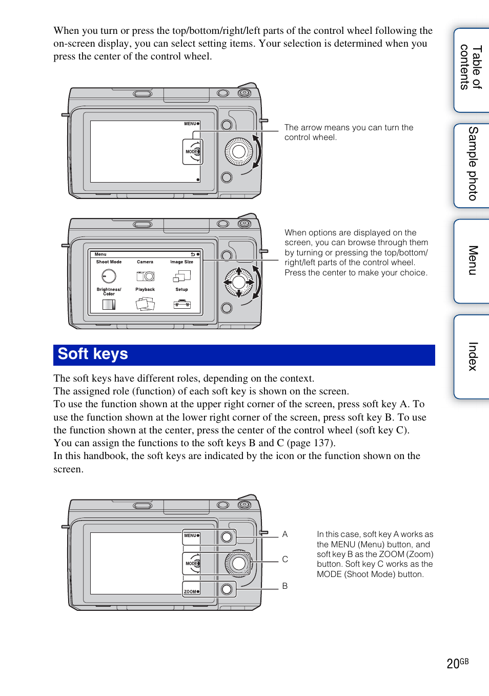 Soft keys | Sony NEX-F3 User Manual | Page 20 / 206